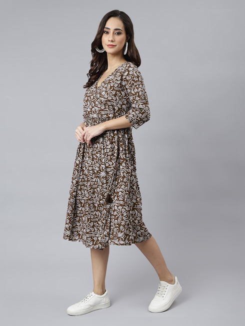 Brown Pure Cotton Floral Printed Angrakha Dress