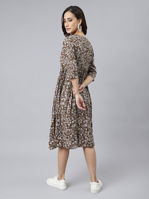 Brown Pure Cotton Floral Printed Angrakha Dress