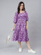 Purple Pure Cotton Floral Printed Tiered Dress