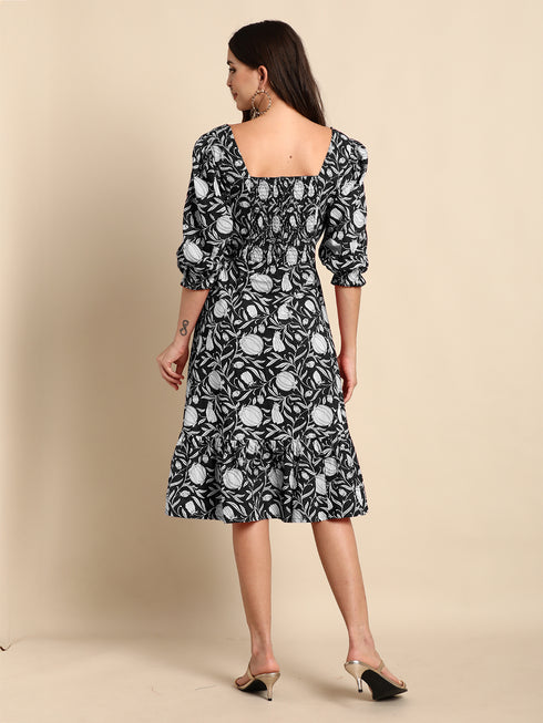 Black Pure Cotton Floral Printed A-Line Dress
