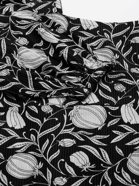 Black Pure Cotton Floral Printed A-Line Dress