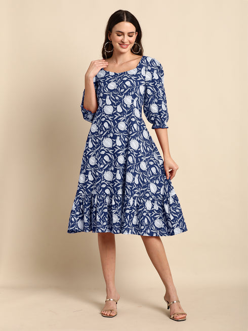 Indigo Pure Cotton Floral Printed A-Line Dress