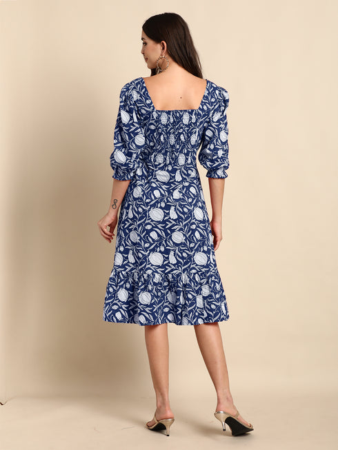 Indigo Pure Cotton Floral Printed A-Line Dress