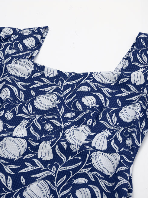 Indigo Pure Cotton Floral Printed A-Line Dress