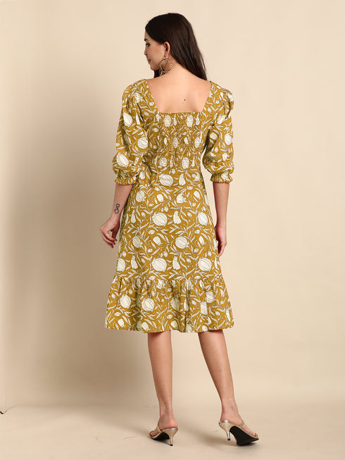Mustard Pure Cotton Floral Printed A-Line Dress