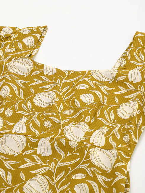 Mustard Pure Cotton Floral Printed A-Line Dress