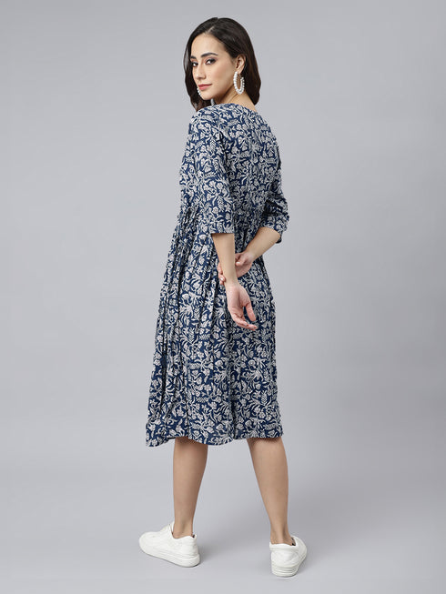 Indigo Pure Cotton Floral Printed Angrakha Dress