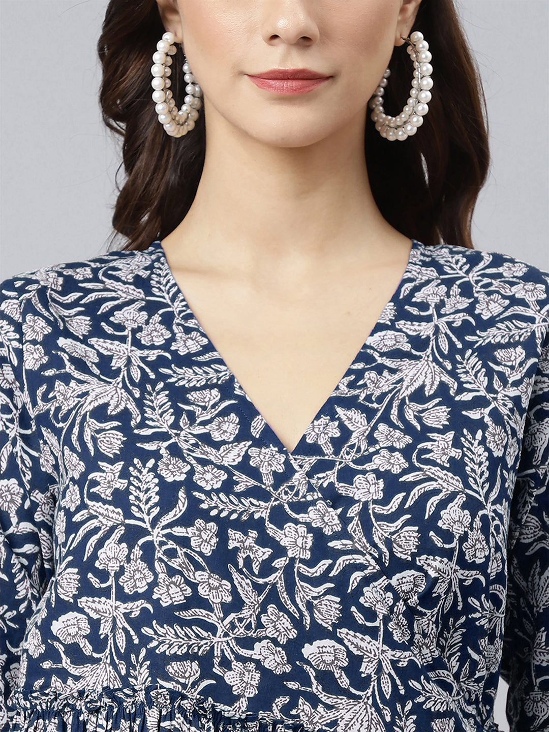 Indigo Pure Cotton Floral Printed Angrakha Dress