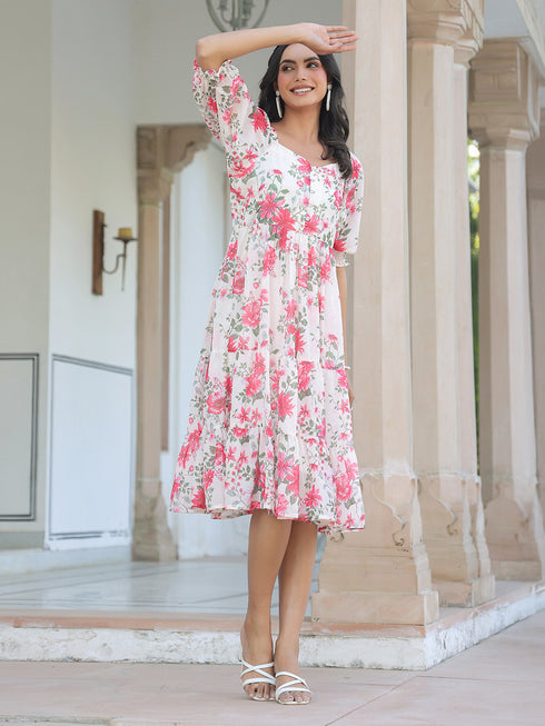 Cream Georgette Floral Printed Tiered Dress