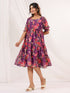 Janasya Women's Purple Georgette Floral Printed Tiered Dress