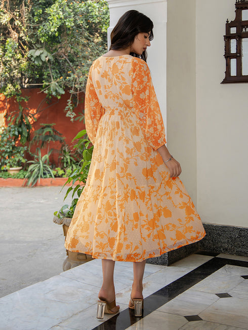 Dobby Orange Georgette Floral Printed Fit & Flare Dress