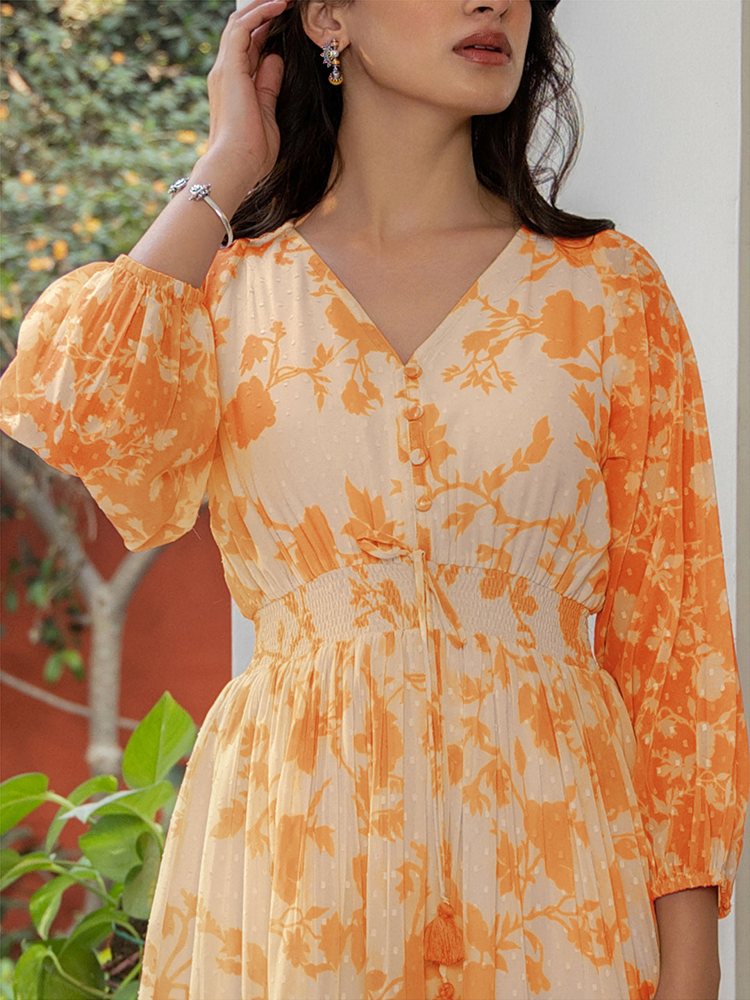 Dobby Orange Georgette Floral Printed Fit & Flare Dress