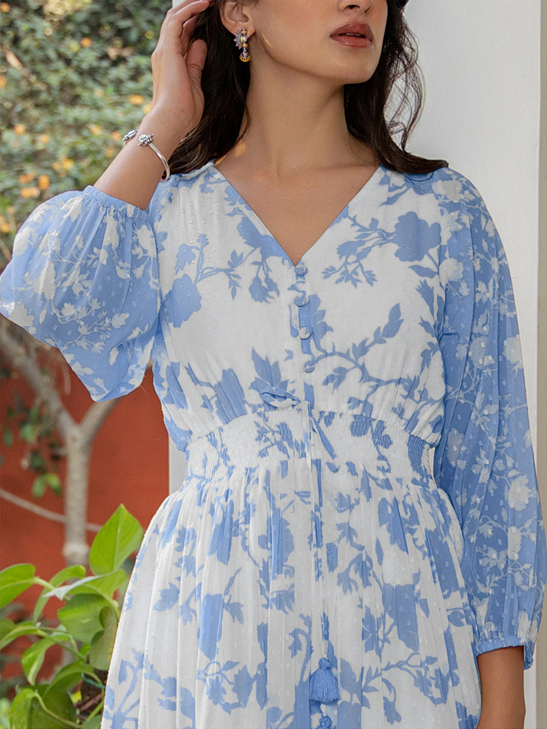 Light Blue Dobby Georgette Floral Printed Fit & Flare Dress