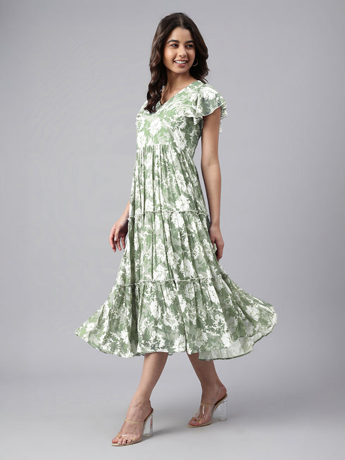 Sage Green Georgette Abstract Printed Tiered Dress