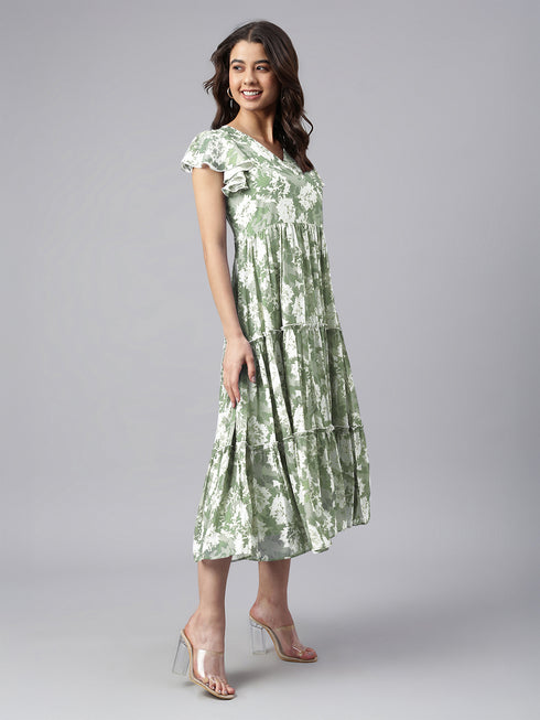 Sage Green Georgette Abstract Printed Tiered Dress