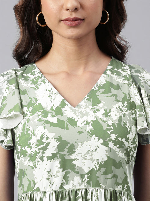 Sage Green Georgette Abstract Printed Tiered Dress