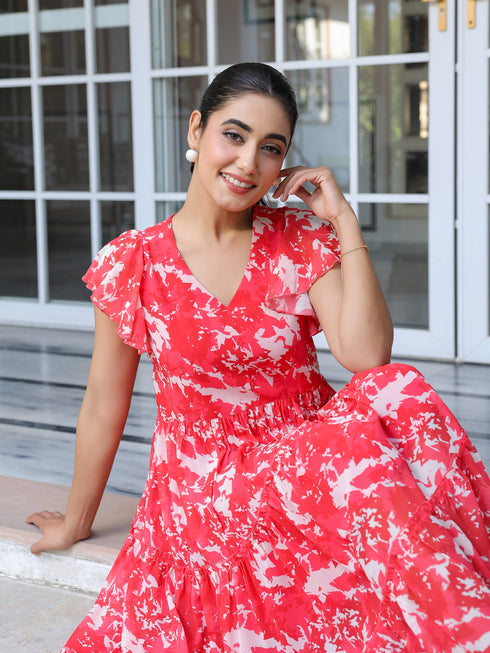 Red Georgette Abstract Printed Tiered Dress