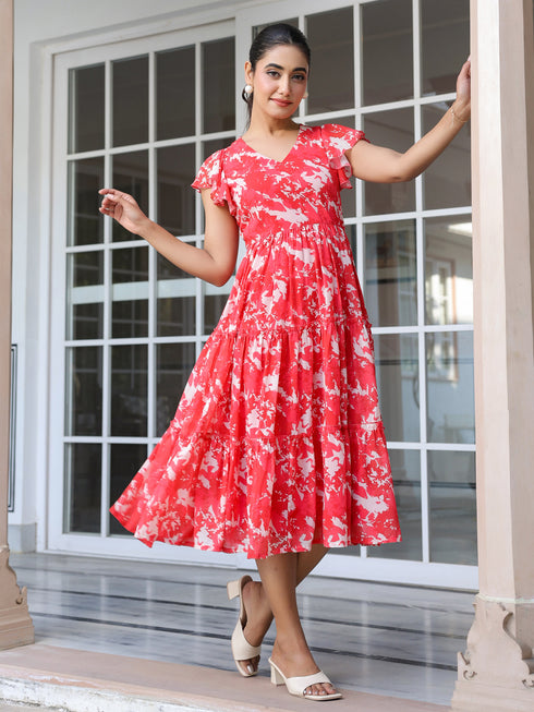 Red Georgette Abstract Printed Tiered Dress