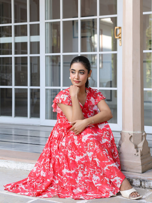 Red Georgette Abstract Printed Tiered Dress
