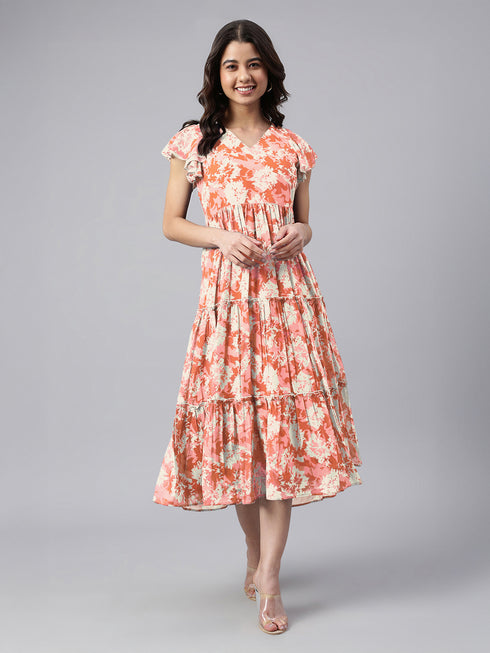 Orange Georgette Abstract Printed Tiered Dress