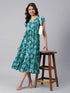 Teal Blue Georgette Floral Printed Tiered Dress
