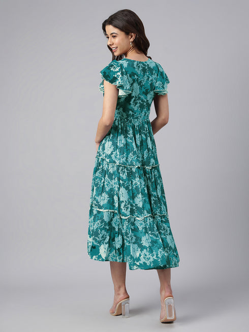 Teal Blue Georgette Floral Printed Tiered Dress