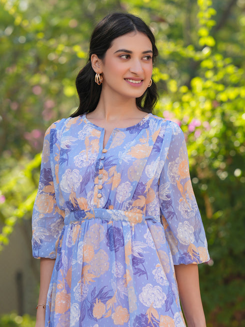 Lavender Georgette Floral Printed A-line Dress