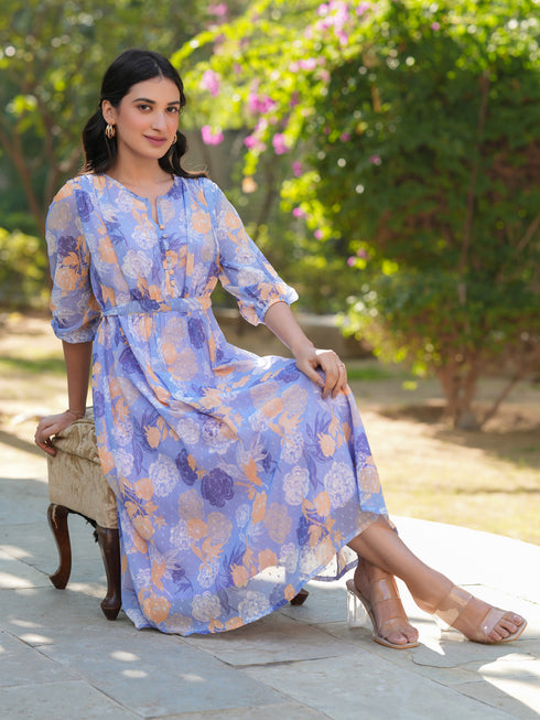Lavender Georgette Floral Printed A-line Dress