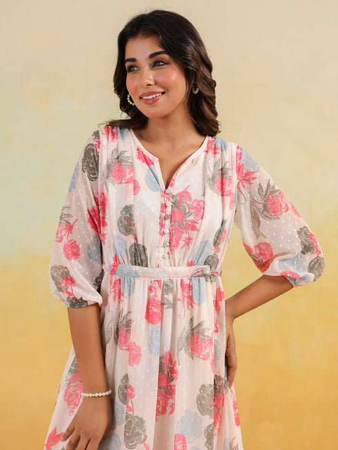 Janasya Women's Cream Georgette Floral Printed Flared Dress