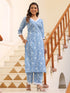 Light Blue Pure Cotton Floral Printed Straight Kurta Pant Set