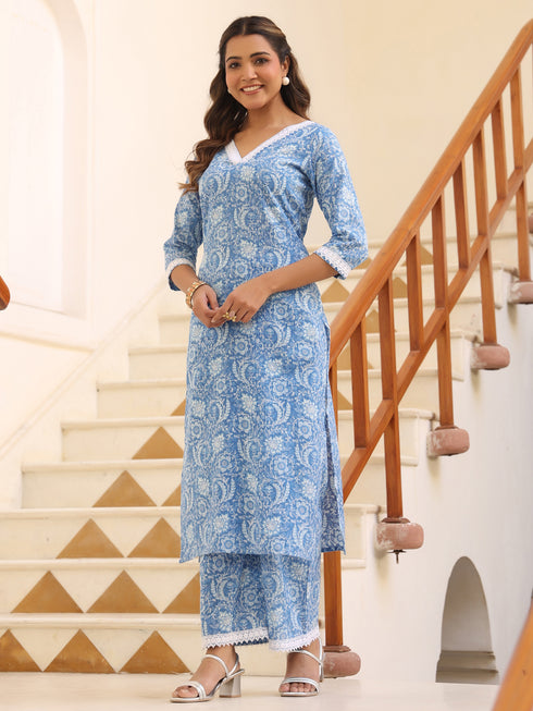 Light Blue Pure Cotton Floral Printed Straight Kurta Pant Set