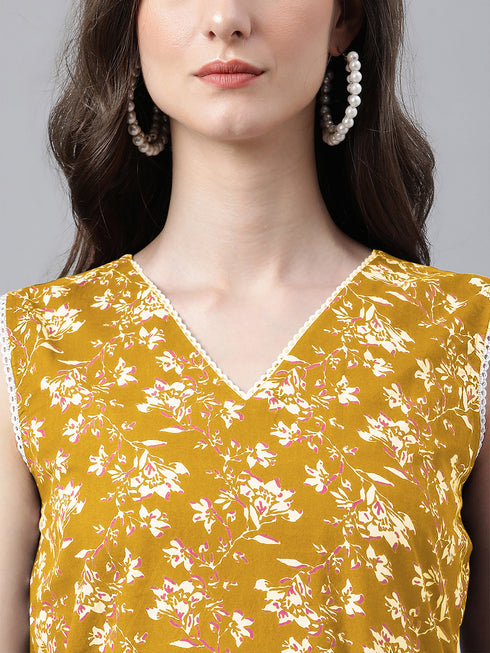 Mustard Pure Cotton Floral Printed Straight Co-Ord Set