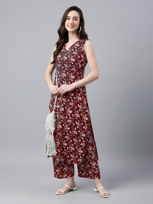 Maroon Pure Cotton Floral Printed A-Line Co-Ord Set