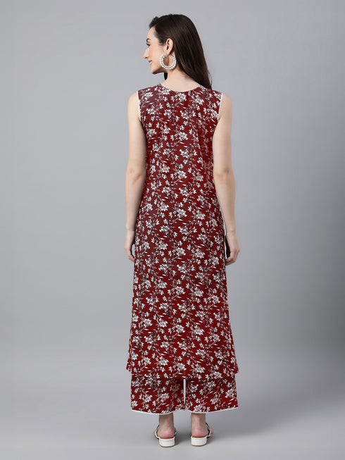 Maroon Pure Cotton Floral Printed A-Line Co-Ord Set