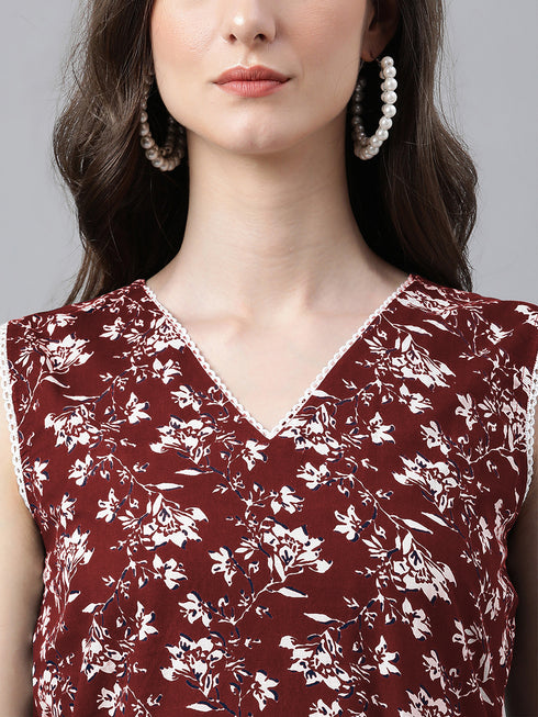 Maroon Pure Cotton Floral Printed A-Line Co-Ord Set