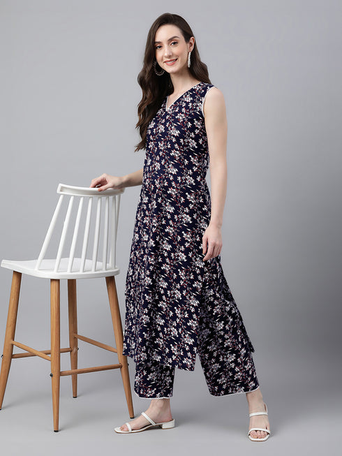 Navy Blue Pure Cotton Floral Printed A-Line Co-Ord Set