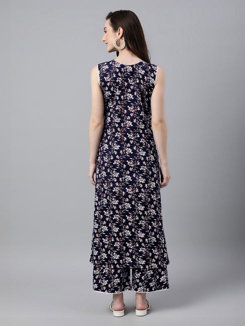 Navy Blue Pure Cotton Floral Printed A-Line Co-Ord Set
