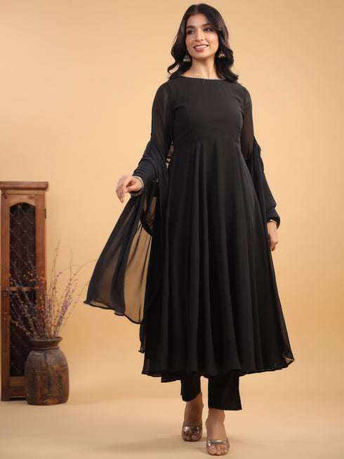 Black Georgette Solid Anarkali Kurta With Pant & Dupatta Set
