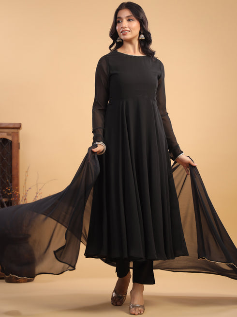 Black Georgette Solid Anarkali Kurta With Pant & Dupatta Set