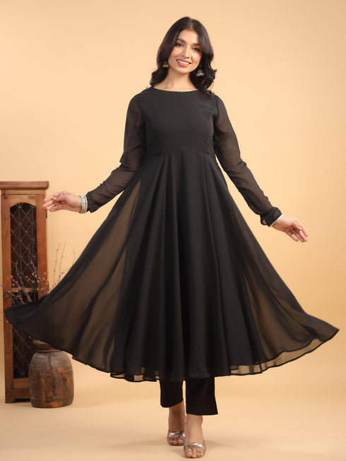 Black Georgette Solid Anarkali Kurta With Pant & Dupatta Set