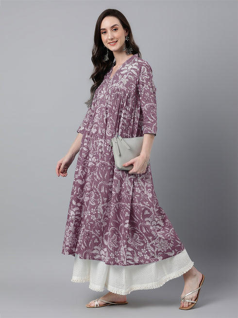 Purple Pure Cotton Floral Printed Flared Kurta