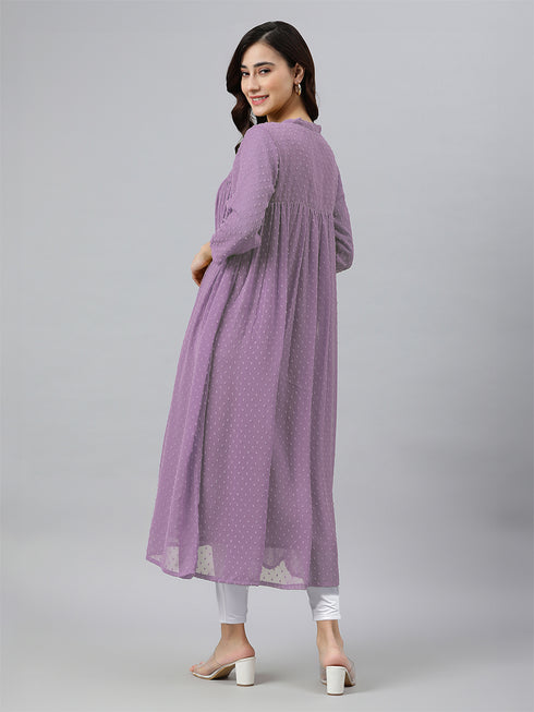 Lavender Dobby Chiffon Woven Design Front Slit Flared Kurta
