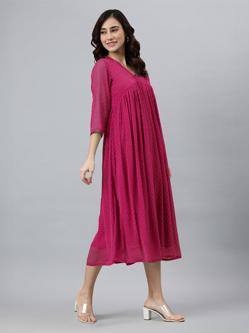 Rani Pink Dobby Chiffon Self Design Flared Kurta