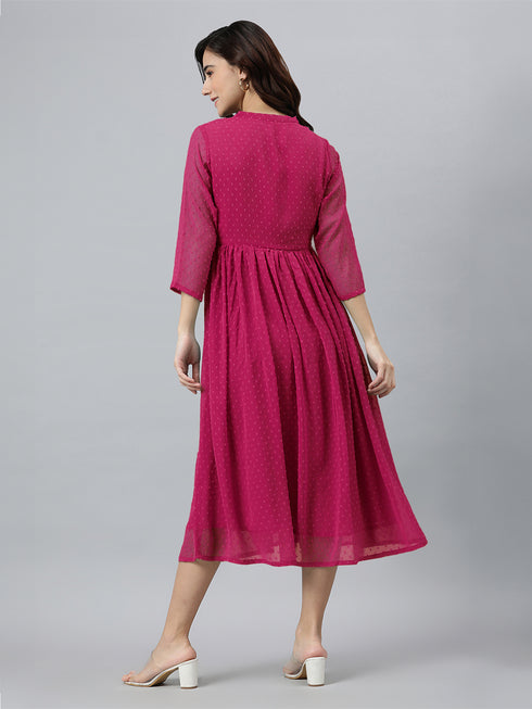 Rani Pink Dobby Chiffon Self Design Flared Kurta