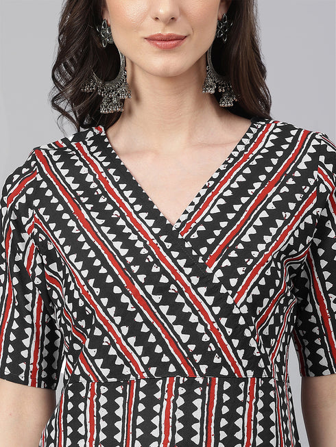 Black Cotton Geometric Printed Straight Kurta