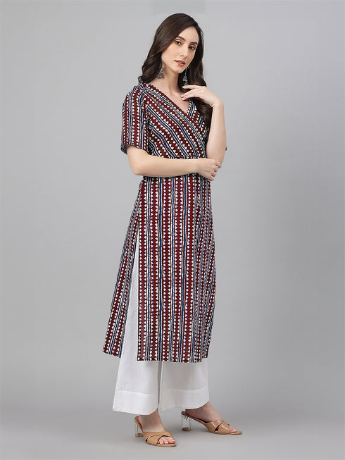 Maroon Pure Cotton Geometric Printed Straight Kurta