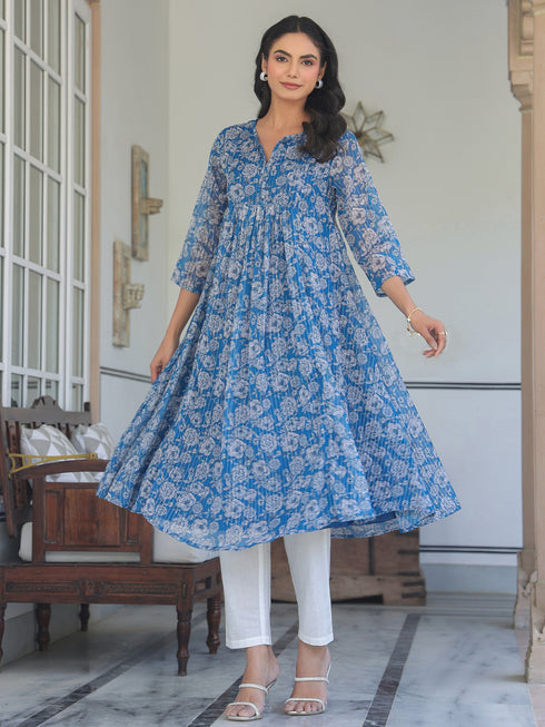 Blue Chiffon Lurex Floral Printed A-line Kurta