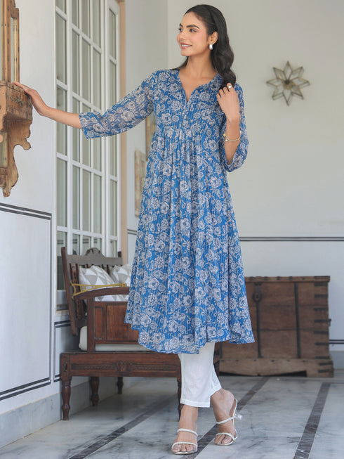 Blue Chiffon Lurex Floral Printed A-line Kurta