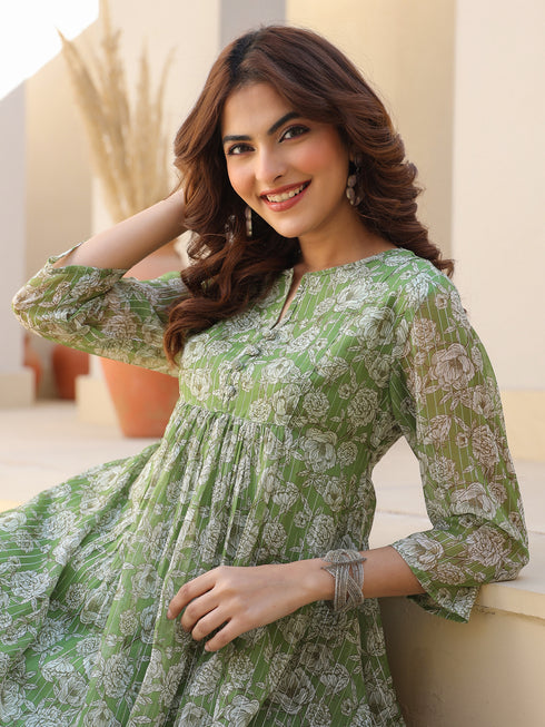 Green Chiffon Lurex Floral Printed A-line Kurta