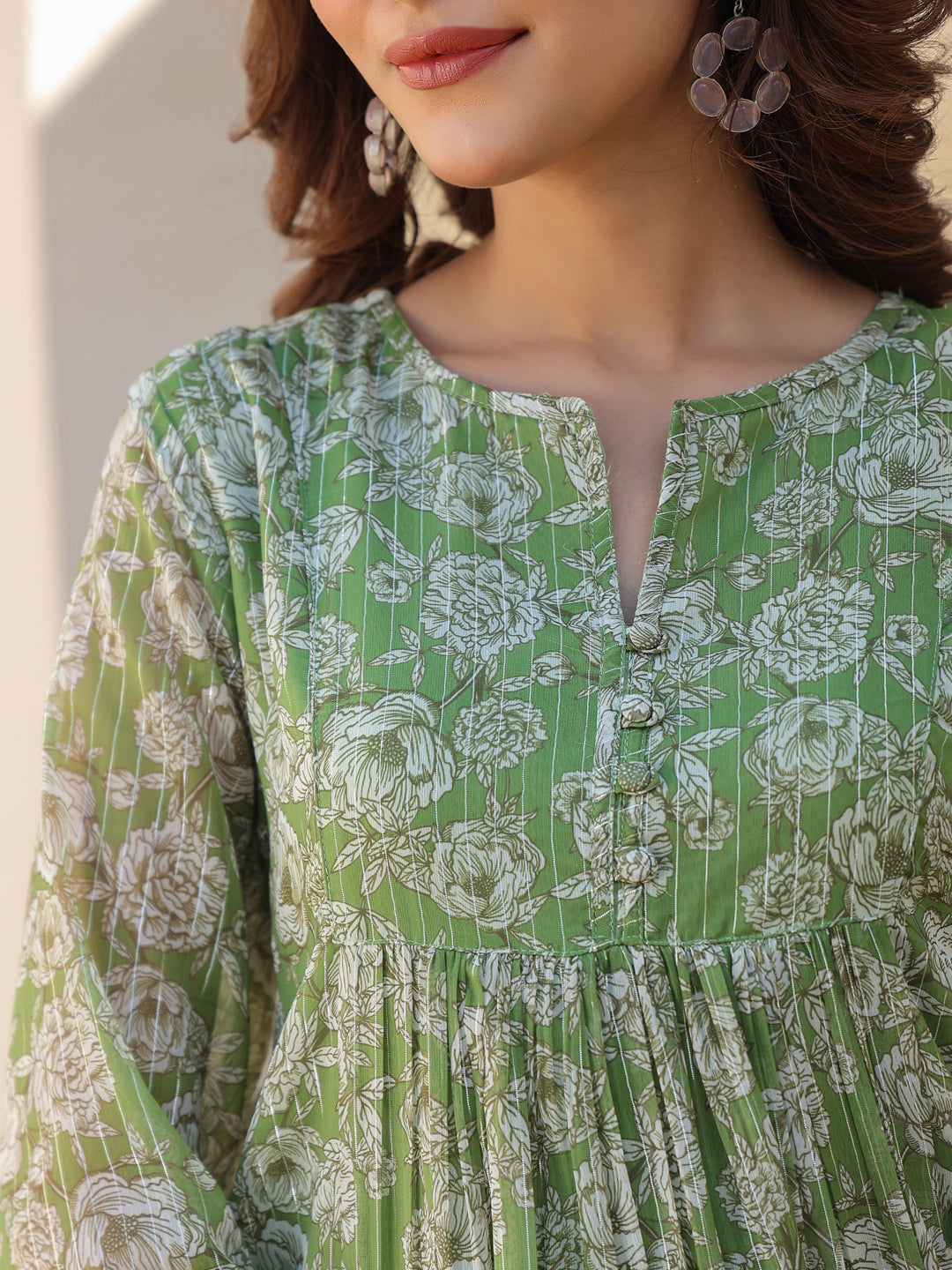 Green Chiffon Lurex Floral Printed A-line Kurta